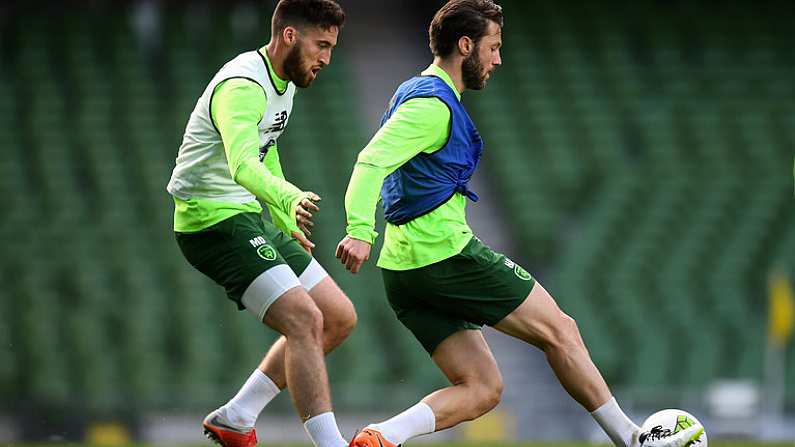 9 October 2018; Harry Arter, right, in action against Matt Doherty during a Republic of Ireland training session at the Aviva Stadium in Dublin. Photo by Stephen McCarthy/Sportsfile