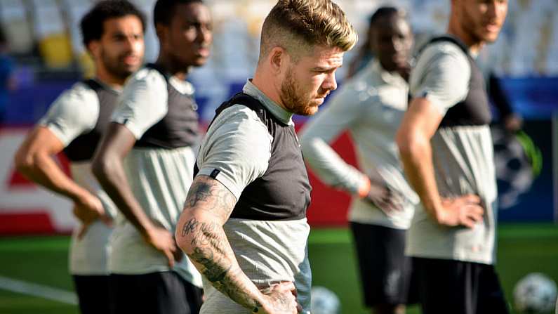 KYIV, UKRAINE - MAY 26, 2018: Alberto Moreno and Training of football players of Liverpool before the 2018 UEFA Champions League final match between Real Madrid and Liverpool, Ukraine