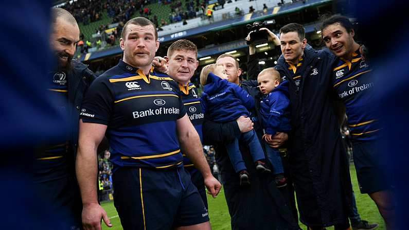 1 April 2018; Leinster players including Jack McGrath, Tadhg Furlong, Sean Cronin, with his children Cillian and Finn, Jonathan Sexton and James Lowe following the European Rugby Champions Cup quarter-final match between Leinster and Saracens at the Aviva Stadium in Dublin. Photo by Ramsey Cardy/Sportsfile