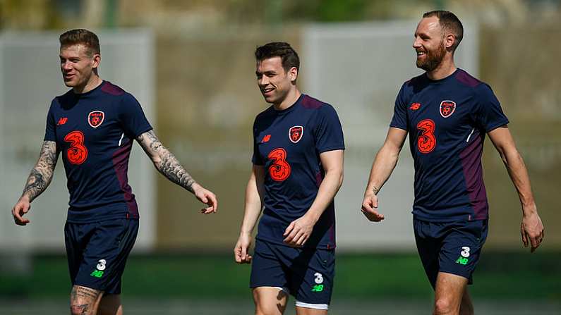 21 March 2018; Republic of Ireland players, from left, James McClean, Seamus Coleman and David Meyler during squad training at Regnum Sports Centre in Belek, Turkey. Photo by Stephen McCarthy/Sportsfile