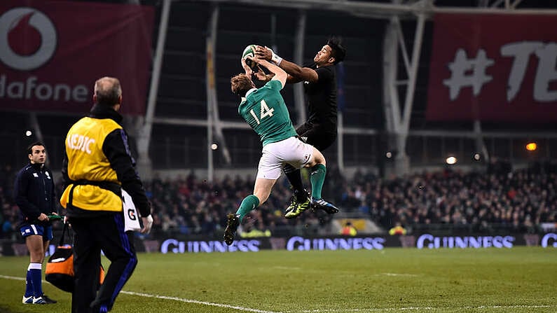 19 November 2016; Andrew Trimble of Ireland and Julian Savea of New Zealand contest a high ball during the Autumn International match between Ireland and New Zealand at the Aviva Stadium in Dublin. Photo by Brendan Moran/Sportsfile