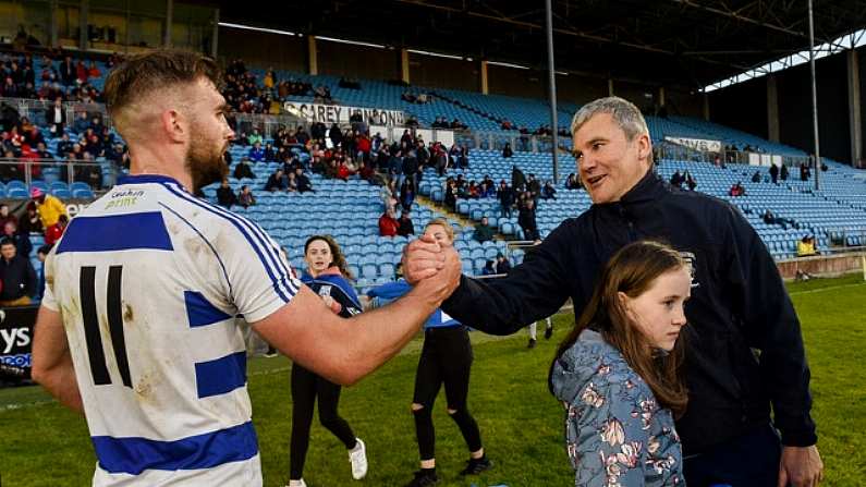 22 September 2018; Westport manager James Horan and Aidan O'Shea of Breaffy after the Mayo County Senior Club Football Championship Quarter-Final match between Westport and Breaffy at Elvery's MacHale Park in Mayo. Photo by Matt Browne/Sportsfile