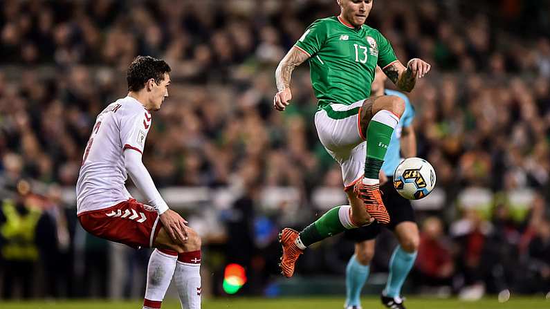 14 November 2017; Jeff Hendrick of Republic of Ireland in action against Andreas Christensen of Denmark during the FIFA 2018 World Cup Qualifier Play-off 2nd leg match between Republic of Ireland and Denmark at Aviva Stadium in Dublin. Photo by Seb Daly/Sportsfile