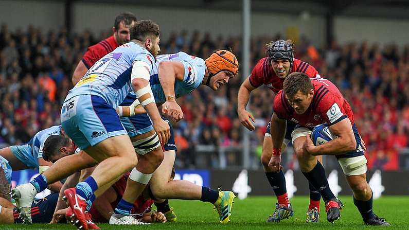 13 October 2018; CJ Stander of Munster goes over to score his side's first try during the Heineken Champions Cup Pool 2 Round 1 match between Exeter Chiefs and Munster at Sandy Park in Exeter, England. Photo by Brendan Moran/Sportsfile