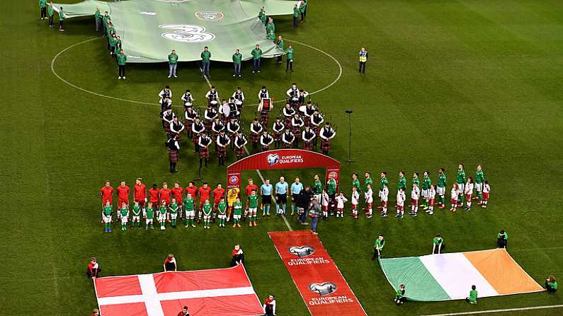 14 November 2017; The two teams line-up before the FIFA 2018 World Cup Qualifier Play-off 2nd leg match between Republic of Ireland and Denmark at Aviva Stadium in Dublin. Photo by Brendan Moran/Sportsfile