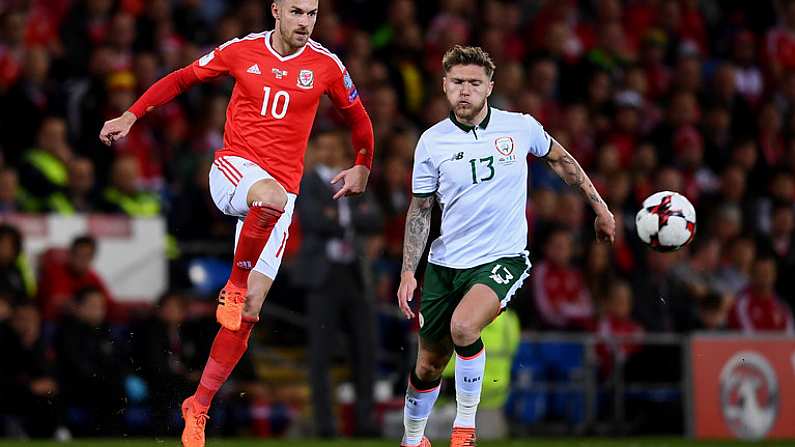 9 October 2017; Aaron Ramsey of Wales in action against Jeff Hendrick of Republic of Ireland during the FIFA World Cup Qualifier Group D match between Wales and Republic of Ireland at Cardiff City Stadium in Cardiff, Wales.