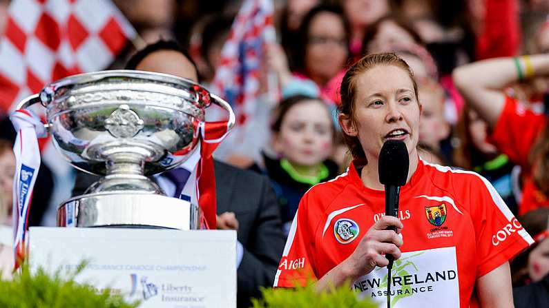 10 September 2017; Cork captain Rena Buckley gives her acceptance speech after the Liberty Insurance All-Ireland Senior Camogie Final match between Cork and Kilkenny at Croke Park in Dublin. Photo by Piaras O Midheach/Sportsfile