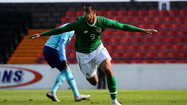 16 October 2018; Adam Idah of Republic of Ireland celebrates after scoring his side's first goal during the 2018/19 UEFA Under-19 European Championships Qualifying Round match between Republic of Ireland and Netherlands at City Calling Stadium, in Lissanurlan, Co. Longford. Photo by Harry Murphy/Sportsfile