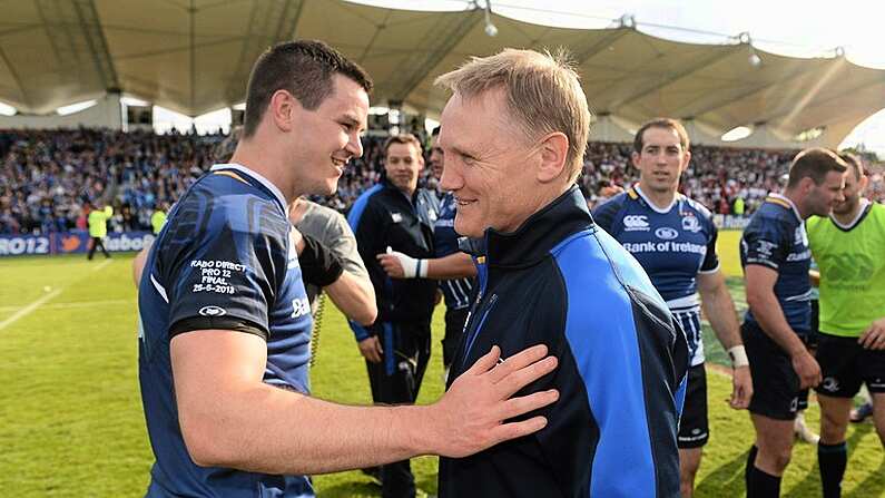 25 May 2013; Leinster head coach Joe Schmidt with Jonathan Sexton following their side's victory. Celtic League Grand Final, Ulster v Leinster, RDS, Ballsbridge, Dublin. Picture credit: Stephen McCarthy / SPORTSFILE