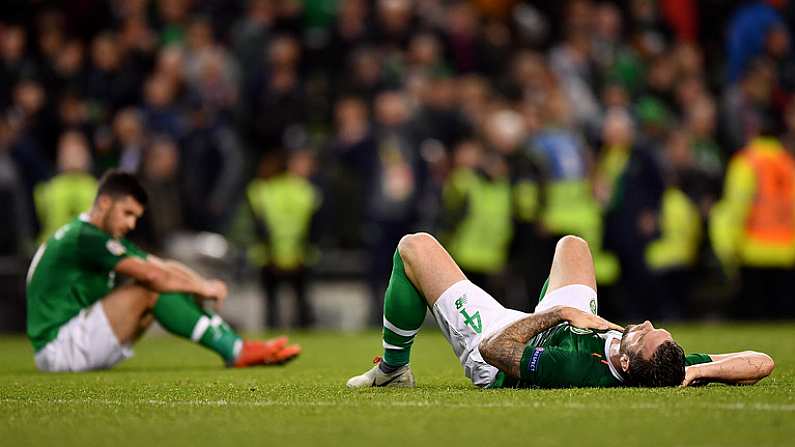 16 October 2018; Shane Duffy of Republic of Ireland reacts following his side's defeat during the UEFA Nations League B group four match between Republic of Ireland and Wales at the Aviva Stadium in Dublin. Photo by Seb Daly/Sportsfile