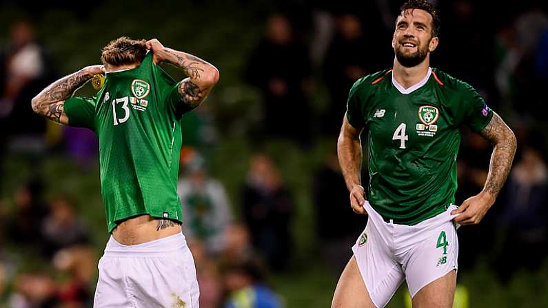 16 October 2018; Jeff Hendrick, left, and Shane Duffy of Republic of Ireland following the UEFA Nations League B group four match between Republic of Ireland and Wales at the Aviva Stadium in Dublin. Photo by Stephen McCarthy/Sportsfile