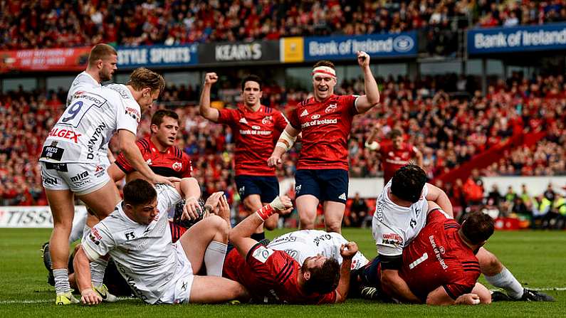 20 October 2018; Munster players celebrate as Rhys Marshall, unseen, scores his side's second try during the Heineken Champions Cup Pool 2 Round 2 match between Munster and Gloucester at Thomond Park in Limerick. Photo by Diarmuid Greene/Sportsfile