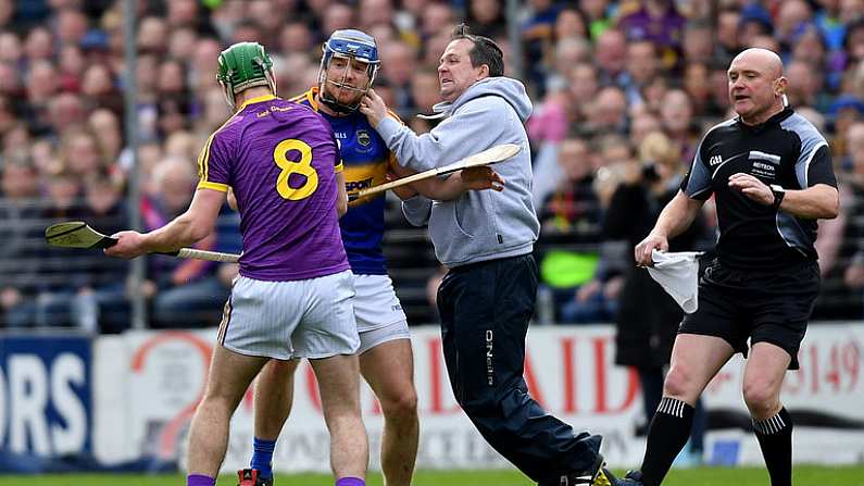 16 April 2017; Wexford manager Davy Fitzgerald tussles with Jason Forde of Tipperary during the Allianz Hurling League Division 1 Semi-Final match between Wexford and Tipperary at Nowlan Park in Kilkenny. Photo by Ramsey Cardy/Sportsfile