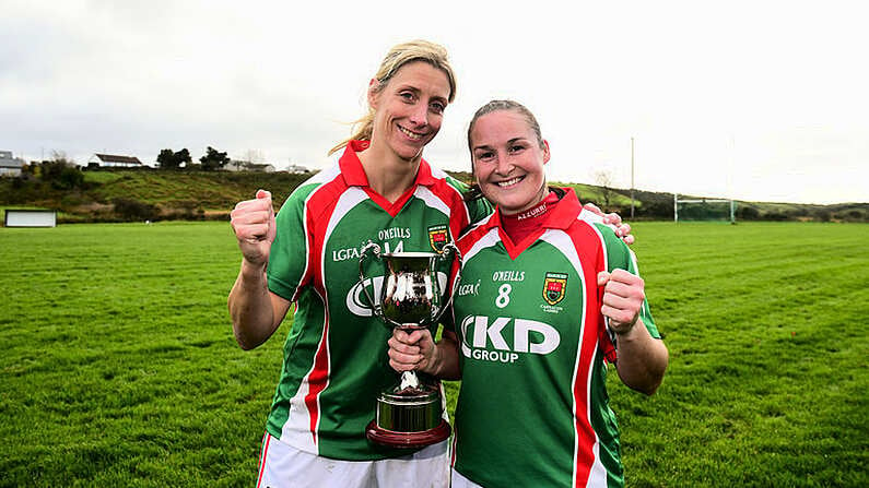 21 October 2018; Carnacon captain Michelle McGing, right and Cora Staunton celebrate following the Mayo County Senior Club Ladies Football Final match between Carnacon and Knockmore at Kilmeena GAA Club in Mayo. Photo by David Fitzgerald/Sportsfile