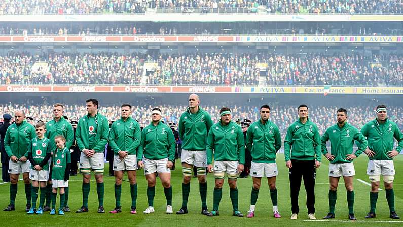 24 February 2018; Ireland players during the national anthems prior to the NatWest Six Nations Rugby Championship match between Ireland and Wales at the Aviva Stadium in Lansdowne Road, Dublin. Photo by David Fitzgerald/Sportsfile