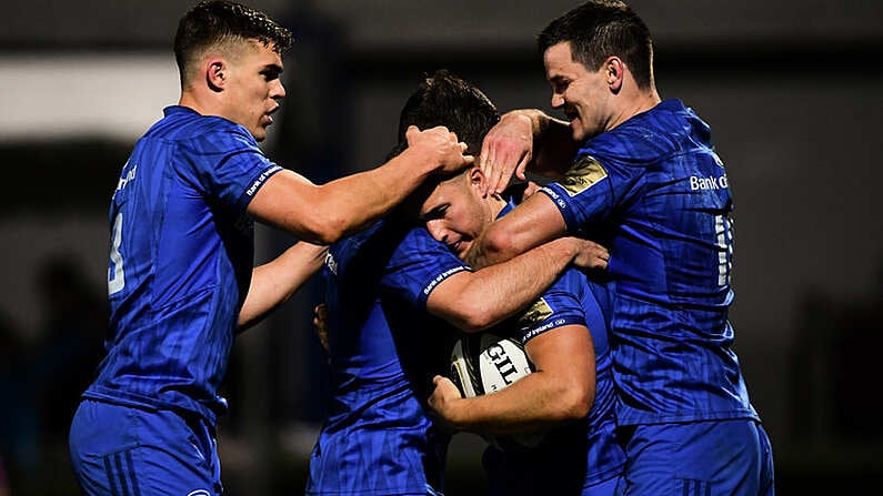 22 September 2018; Jordan Larmour of Leinster celebrates  with team mates Jonathan Sexton, right, Garry Ringrose, left, and Luke McGrath after scoring his side's third try during the Guinness PRO14 Round 4 match between Leinster and Edinburgh at the RDS Arena in Dublin. Photo by David Fitzgerald/Sportsfile