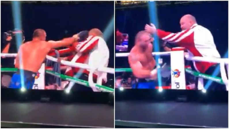 Watch: Fight Breaks Out Between Boxer & Trainer On Fury/Pulev Undercard