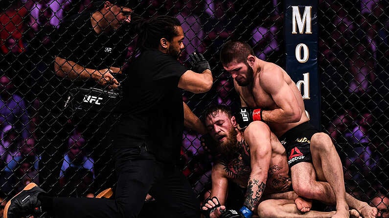 6 October 2018; Referee Herb Dean stops the fight between Conor McGregor and Khabib Nurmagomedov in the fourth round of their UFC lightweight championship fight during UFC 229 at T-Mobile Arena in Las Vegas, Nevada, USA. Photo by Stephen McCarthy/Sportsfile