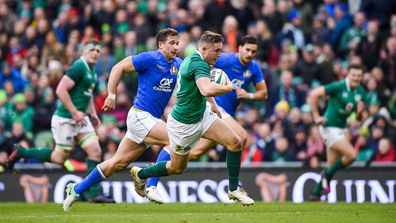 10 February 2018; Jordan Larmour of Ireland makes a break during the Six Nations Rugby Championship match between Ireland and Italy at the Aviva Stadium in Dublin. Photo by David Fitzgerald/Sportsfile