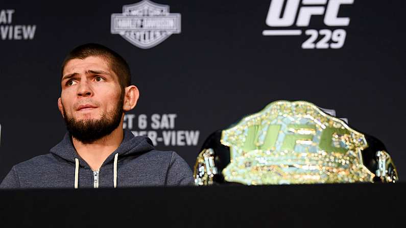 6 October 2018; Khabib Nurmagomedov during the post fight press conference following his victory over Conor McGregor in their UFC lightweight championship fight during UFC 229 at T-Mobile Arena in Las Vegas, Nevada, USA. Photo by Stephen McCarthy/Sportsfile