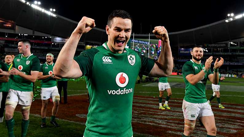 23 June 2018; Jonathan Sexton of Ireland celebrates after the 2018 Mitsubishi Estate Ireland Series 3rd Test match between Australia and Ireland at Allianz Stadium in Sydney, Australia. Photo by Brendan Moran/Sportsfile