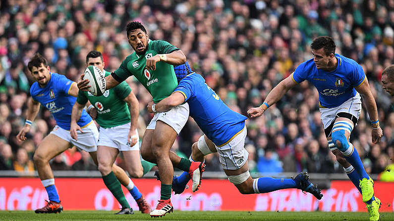 10 February 2018; Bundee Aki of Ireland is tackled by Dean Budd of Italy during the Six Nations Rugby Championship match between Ireland and Italy at the Aviva Stadium in Dublin. Photo by Brendan Moran/Sportsfile