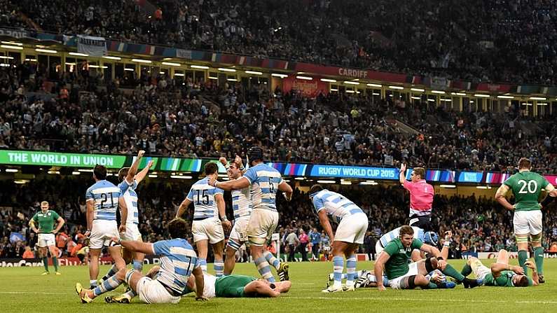 18 October 2015; Argentina players celebrate after the final whistle. 2015 Rugby World Cup Quarter-Final, Ireland v Argentina. Millennium Stadium, Cardiff, Wales. Picture credit: Matt Browne / SPORTSFILE