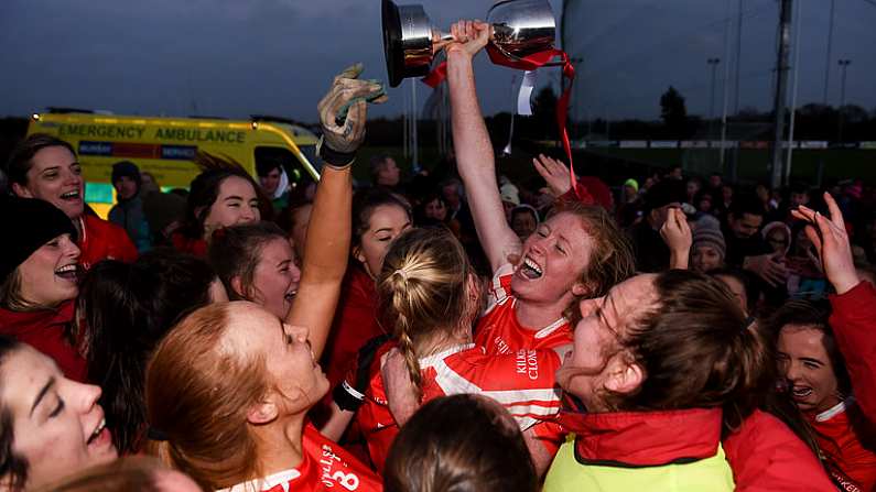 3 November 2018; Kilkerrin-Clonberne captain Louise Ward celebrates with team mates after the 2018 Connacht Ladies Senior Club Football Final match between Carnacon and Kilkerrin-Clonberne at Ballyhaunis GAA Club in Mayo. Photo by Eoin Noonan/Sportsfile