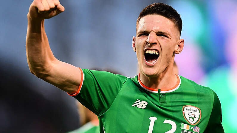 2 June 2018; Declan Rice of Republic of Ireland celebrates his side's first goal scored by Graham Burke during the International Friendly match between Republic of Ireland and the United States at the Aviva Stadium in Dublin.Photo by Seb Daly/Sportsfile