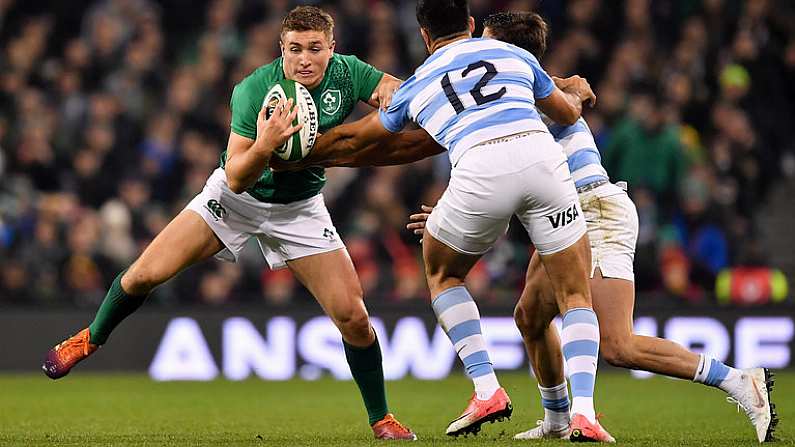 10 November 2018; Jordan Larmour of Ireland is tackled by Bautista Delguy, left, and Jeronimo de la Fuente of Argentina during the Guinness Series International match between Ireland and Argentina at the Aviva Stadium in Dublin. Photo by Brendan Moran/Sportsfile