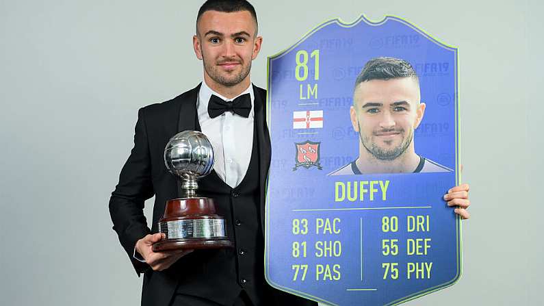 10 November 2018; PFA Ireland Player of the Year Winner Michael Duffy of Dundalk pictured at The Marker Hotel in Dublin, with his FIFA 19 Ultimate Team award-winner item, watch out for his award winner item as a weekly objective this Friday 16th November. Celebrating the win and mirroring his tremendous performances on the pitch throughout the year, this in-form FIFA Ultimate Team item sees Michael's overall rating go from 66 to 81 with an incredible pace of 83. The item will be live in-game as a weekly objective this Friday 16th November. Photo by Eoin Noonan/Sportsfile *** NO REPRODUCTION FEE ***