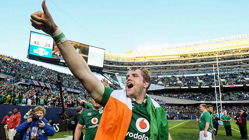 5 November 2016; Jamie Heaslip of Ireland celebrates after the International rugby match between Ireland and New Zealand at Soldier Field in Chicago, USA. Photo by Brendan Moran/Sportsfile