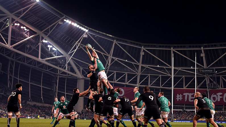 19 November 2016; Jamie Heaslip of Ireland takes possession in a lineout ahead of Kieran Read of New Zealand during the Autumn International match between Ireland and New Zealand at the Aviva Stadium, Lansdowne Road, in Dublin. Photo by Stephen McCarthy/Sportsfile