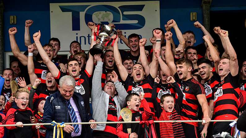 7 October 2018; Ballygunner joint captain's Stephen O'Keeffe and Shane O'Sullivan lifts the cup after the Waterford County Senior Club Hurling Championship Final match between Abbeyside and Ballygunner at Fraher Field in Dungarvan, Co Waterford. Photo by Matt Browne/Sportsfile