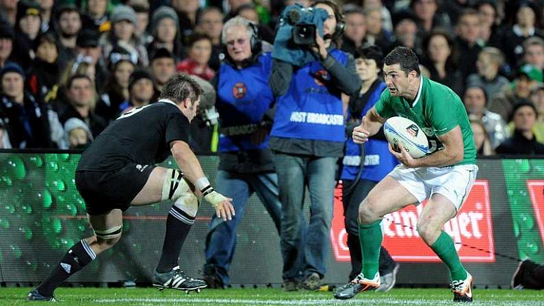 23 June 2012; Rob Kearney, Ireland, in action against Richie McCaw, New Zealand. Steinlager Series 2012, 3rd Test, New Zealand v Ireland, Waikato Stadium, Hamilton, New Zealand. Picture credit: Ross Setford / SPORTSFILE