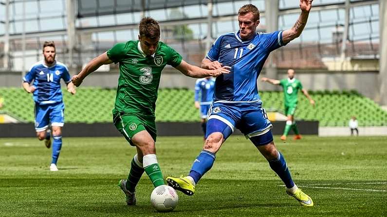 4 June 2015; Seamus Cloeman, Republic of Ireland, in action against Chris Brunt, Northern Ireland. Training Match, Republic of Ireland v Northern Ireland. Aviva Stadium, Lansdowne Road, Dublin. Picture credit: David Maher / SPORTSFILE