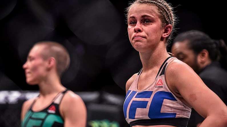 10 December 2015; Paige VanZant following her defeat to Rose Namajunas in their strawweight bout. UFC Fight Night: VanZant v Namajunas, The Chelsea at The Cosmopolitan, Las Vegas, USA. Picture credit: Ramsey Cardy / SPORTSFILE