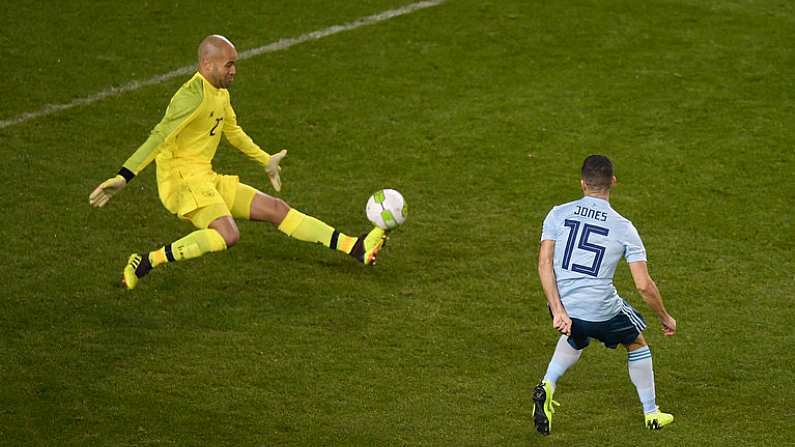 15 November 2018; Jordan Jones of Northern Ireland has his shot saved by Darren Randolph of Republic of Ireland during the International Friendly match between Republic of Ireland and Northern Ireland at the Aviva Stadium in Dublin. Photo by Eoin Noonan/Sportsfile