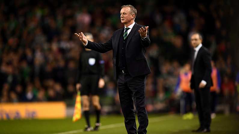 15 November 2018; Northern Ireland manager Michael O'Neill reacts during the International Friendly match between Republic of Ireland and Northern Ireland at the Aviva Stadium in Dublin. Photo by Stephen McCarthy/Sportsfile