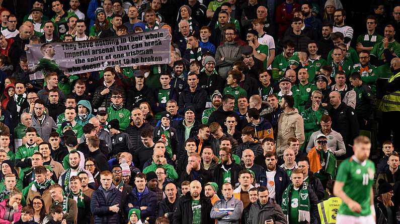 15 November 2018; Republic of Ireland supporters during the International Friendly match between Republic of Ireland and Northern Ireland at the Aviva Stadium in Dublin Photo by Stephen McCarthy/Sportsfile