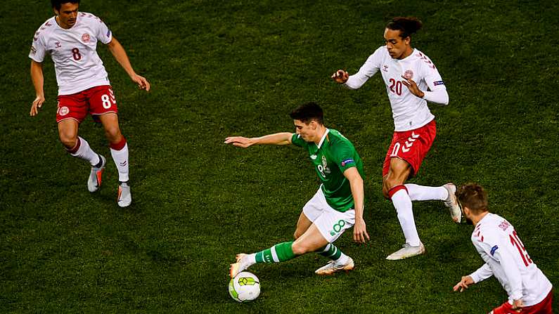 13 October 2018; Callum O'Dowda of Republic of Ireland in action against, from left, Thomas Delaney, Yussuf Poulsen, and Lasse Schone of Denmark  during the UEFA Nations League B group four match between Republic of Ireland and Denmark at the Aviva Stadium in Dublin. Photo by Sam Barnes/Sportsfile