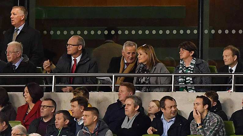 15 November 2018; DUP leader Arlene Foster, second right, and An Tanaiste Simon Coveney TD, second left, during the International Friendly match between Republic of Ireland and Northern Ireland at the Aviva Stadium in Dublin. Photo by Seb Daly/Sportsfile