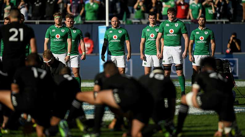 5 November 2016; Ireland players, including captain Rory Best, centre, face the New Zealand 'Haka' ahead of the International rugby match between Ireland and New Zealand at Soldier Field in Chicago, USA. Photo by Brendan Moran/Sportsfile