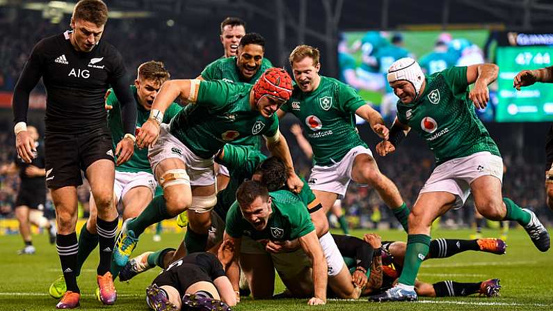 17 November 2018; Jacob Stockdale of Ireland celebrates after scoring his side's first try during the Guinness Series International match between Ireland and New Zealand at the Aviva Stadium in Dublin. Photo by Ramsey Cardy/Sportsfile