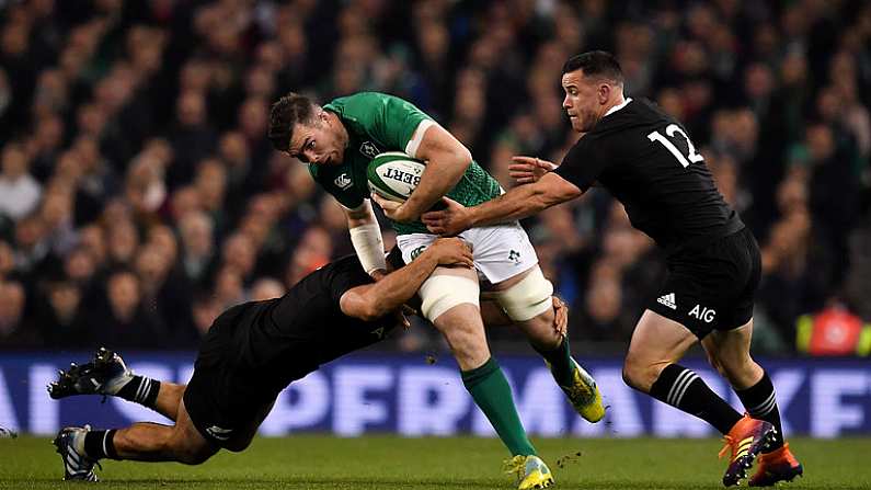 17 November 2018; Peter OMahony of Ireland is tackled by Sam Whitelock and Owen Franks of New Zealand during the Guinness Series International match between Ireland and New Zealand at the Aviva Stadium in Dublin. Photo by Brendan Moran/Sportsfile