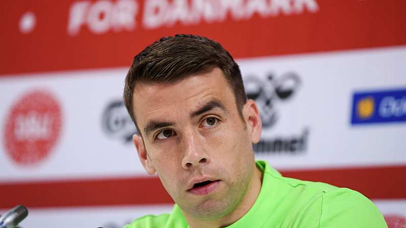 18 November 2018; Seamus Coleman during a Republic of Ireland Press Conference at Ceres Park in Aarhus, Denmark. Photo by Stephen McCarthy/Sportsfile