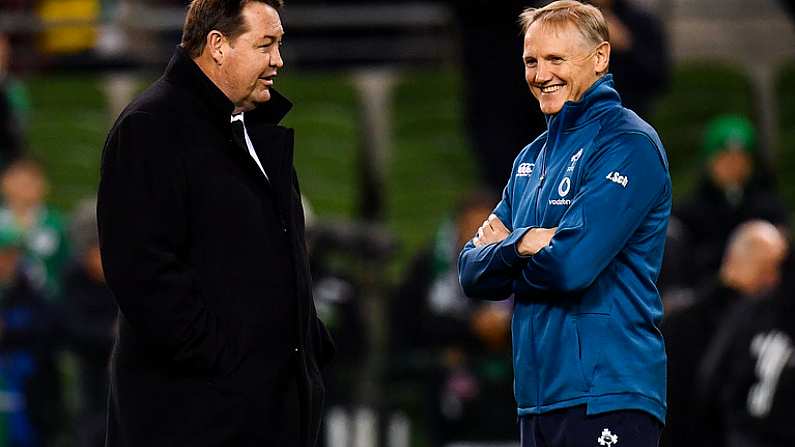 17 November 2018; New Zealand head coach Steve Hansen, left, and Ireland head coach Joe Schmidt ahead of the Guinness Series International match between Ireland and New Zealand at the Aviva Stadium in Dublin. Photo by Ramsey Cardy/Sportsfile