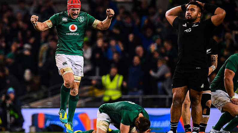 17 November 2018; Josh van der Flier of Ireland celebrates at the final whistle of the Guinness Series International match between Ireland and New Zealand at the Aviva Stadium in Dublin. Photo by Ramsey Cardy/Sportsfile