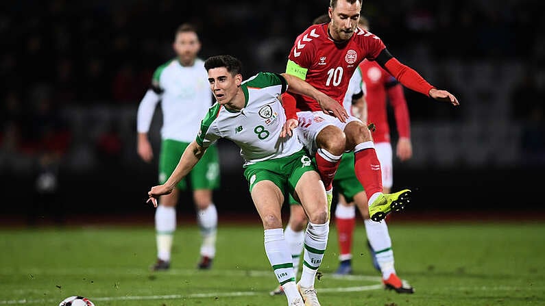 19 November 2018; Callum O'Dowda of Republic of Ireland in action against Christian Eriksen of Denmark during the UEFA Nations League B match between Denmark and Republic of Ireland at Ceres Park in Aarhus, Denmark. Photo by Stephen McCarthy/Sportsfile