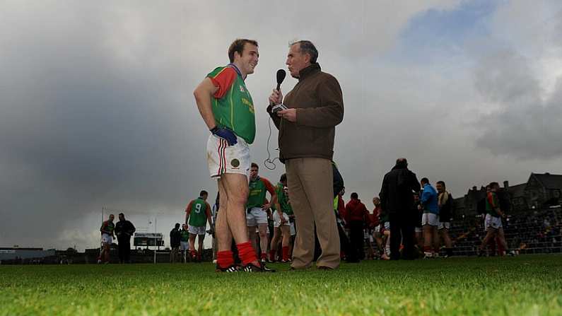 26 October 2008; Darren O'Sullivan, Mid Kerry, is interviewd by Weeshie Fogarty, Radio Kerry, after the match. Kerry Senior Football semi-final, Laune Rangers v Mid Kerry, Fitzgerald Stadium, Killarney, Co. Kerry. Picture credit: Stephen McCarthy / SPORTSFILE